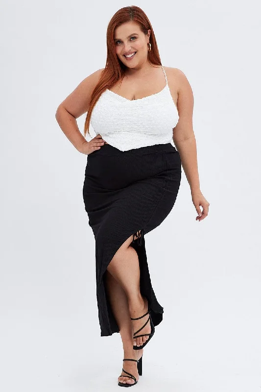 Black Midi Skirt High Waist Split Ribbed Jersey