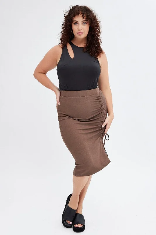 Brown Bodycon Midi Skirt Drawstring Rib