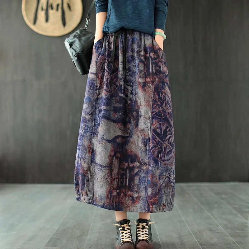 Casual Retro Print Skirt Elastic Waist