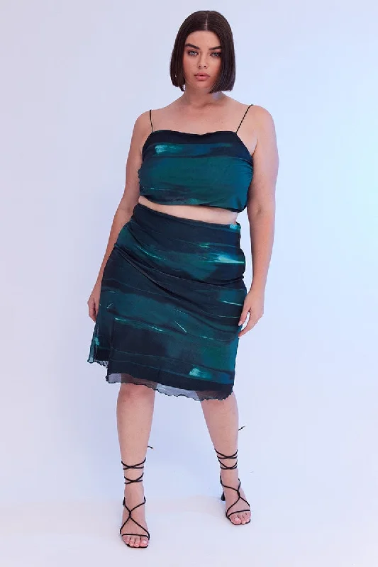 Green Abstract Midi Skirt Bodycon Elastic Waist Mesh