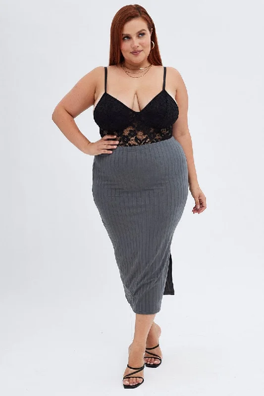 Grey Midi Skirt Wide Rib Jersey Bodycon