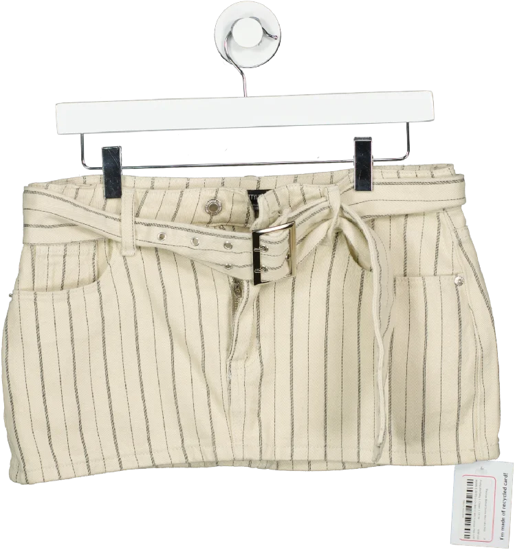 PrettyLittleThing Cream Pinstripe Belted Denim Micro Mini Skirt UK 10