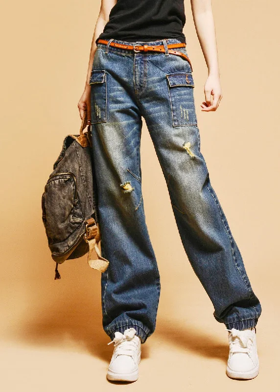 Italian Blue High Waist Hole Pockets Cotton Denim Pants Fall