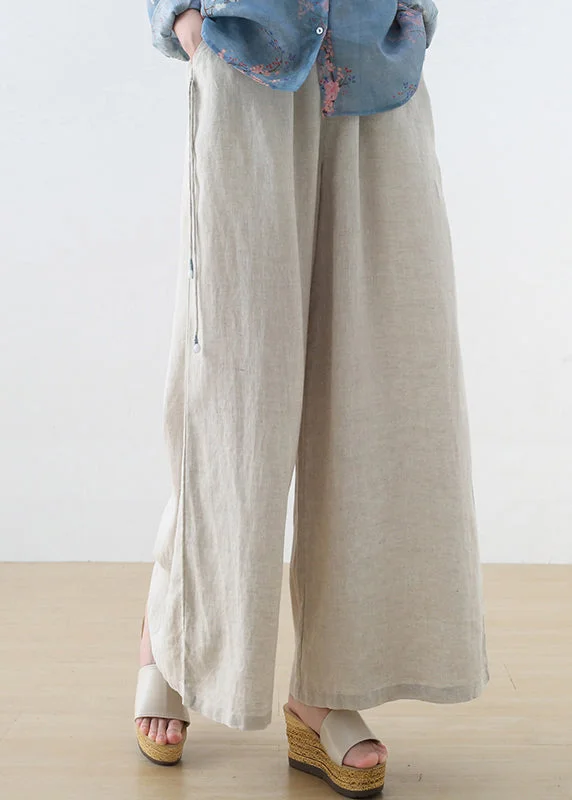 Light Grey Oversized Linen Straight Pants Trousers Tasseled Fall