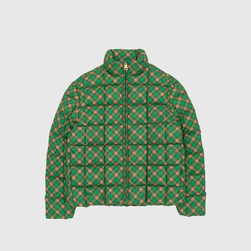 QUILTED GREEN PLAID PUFFER JACKET