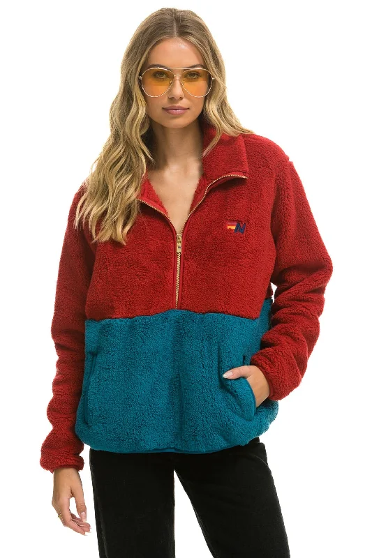 TEDDY UNISEX HALF ZIP COLOR BLOCK JACKET - CHERRY