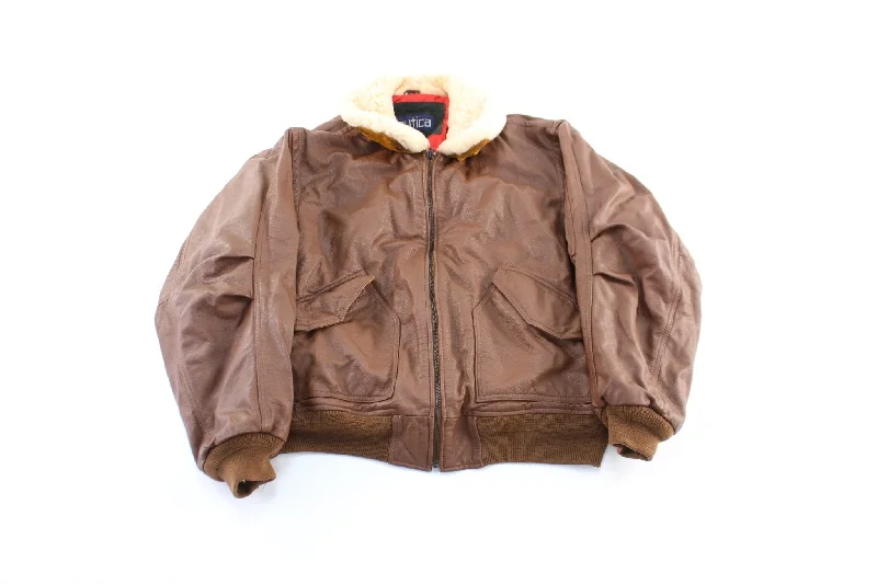 Vintage Nautica Brown Leather Bomber Zip Up Jacket