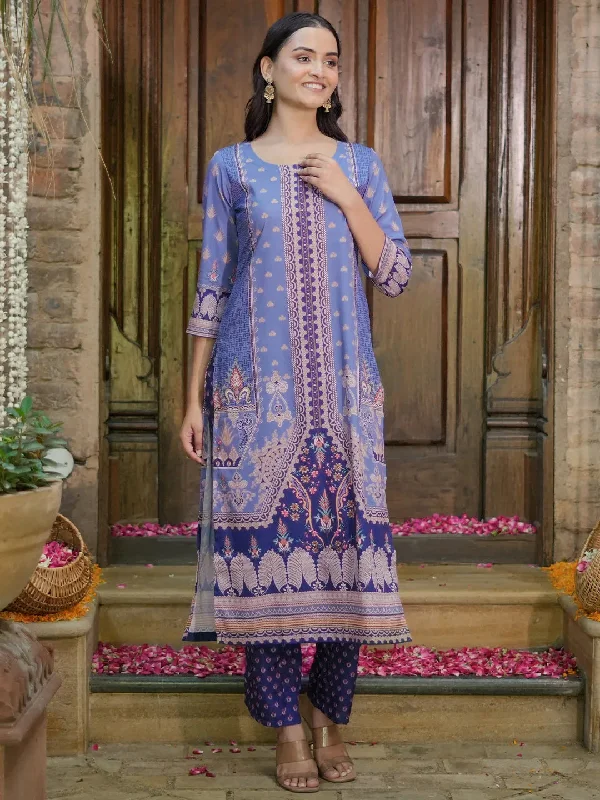 Blue Printed Crepe Straight Kurta Set