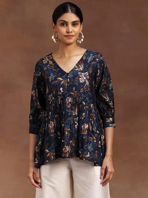 Blue Printed Silk Blend A-Line Kurti