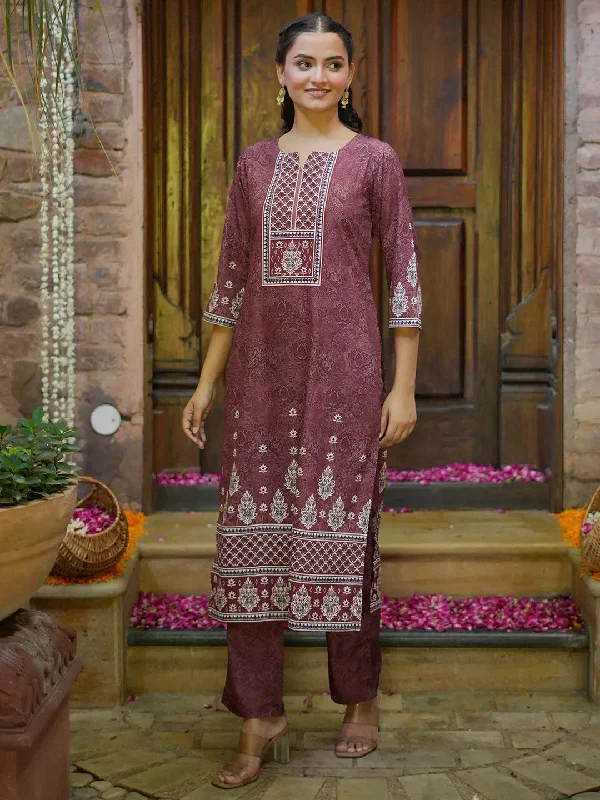 Brown Printed Poly Crepe Straight Kurta With Trousers