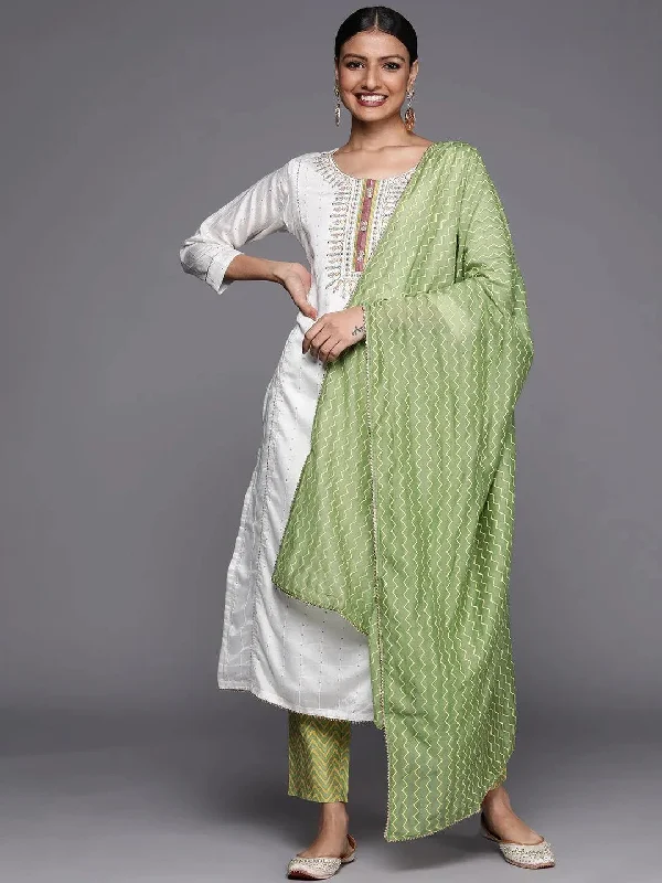 Cream Embroidered Chanderi Silk Straight Kurta With Trousers & Dupatta