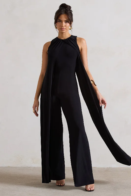 Essence | Black High-Neck Wide-Leg Jumpsuit With Cape