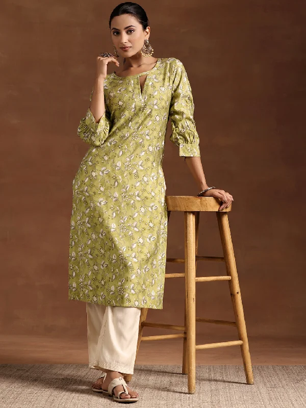 Green Printed Silk Straight Kurta