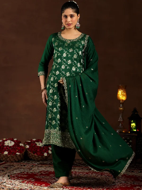 Green Woven Design Silk Blend Straight Suit With Dupatta