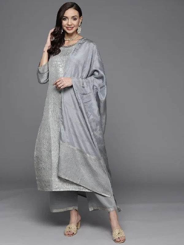 Grey Woven Design Silk Blend Straight Kurta With Palazzos & Dupatta