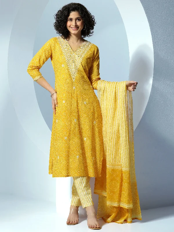 Mustard Printed Cotton Straight Suit With Dupatta