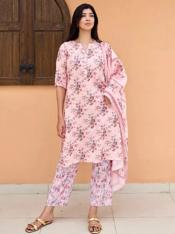 Peach Printed Cotton Straight Suit With Dupatta