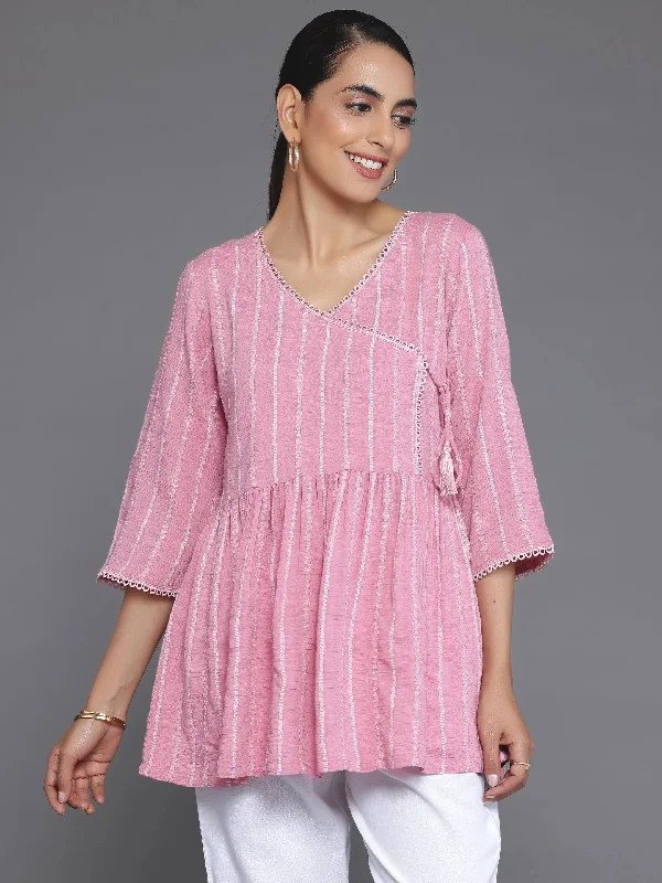 Pink Woven Design Cotton Blend A-Line Kurti