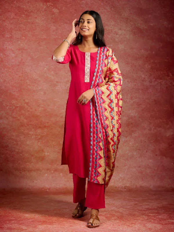 Pink Yoke Design Silk Blend Straight Suit With Dupatta