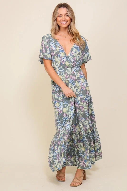 Floral Flutter Sleeve Maxi Dress