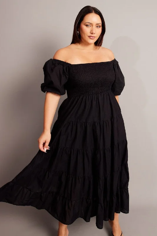 Black Maxi Dress Short Sleeve Tiered Tie Back