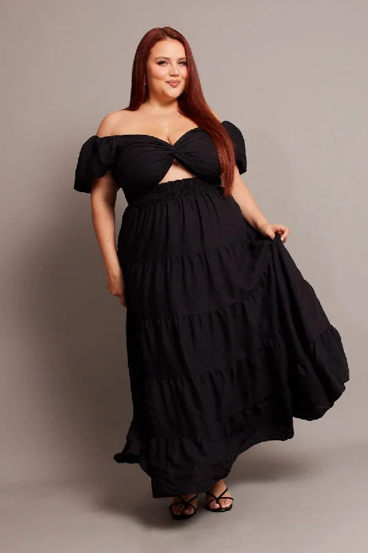 Black Maxi Dress Short Sleeve Twist Front