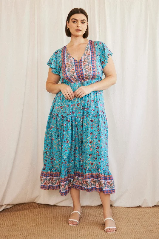 Blue Boho Maxi Dress Short Sleeve V-neck Tiered