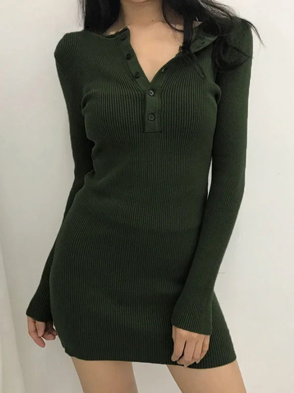 BerryBetty - Button Front Ribbed Knit Long Sleeve Mini Dress