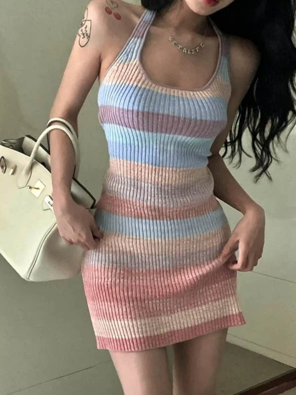 BerryBetty - Color Block Striped Halter Knitted Mini Dress