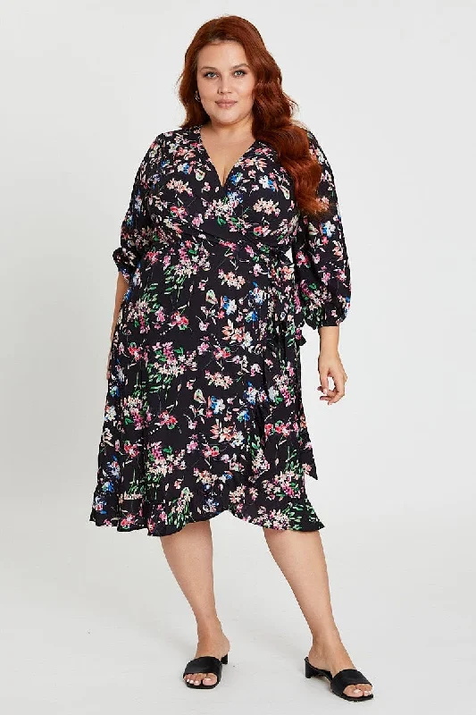 Floral Print Maxi Dress V-neck Long Sleeve