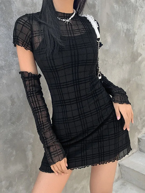 BerryBetty - Gloves Design Checkered Mini Dress Set