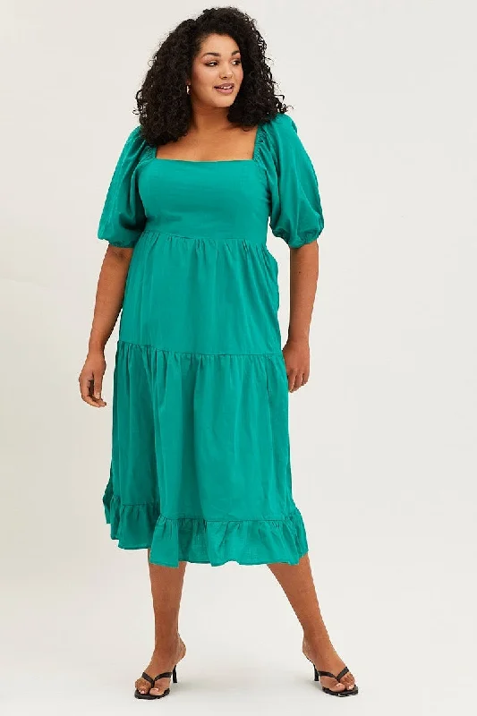 Green Maxi Dress Square Neck Short Sleeve Tie