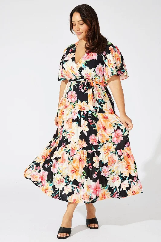 Multi Floral Faux Wrap Maxidress Flare Sleeve V-neck