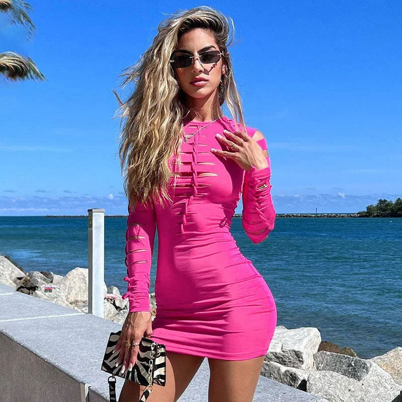 BerryBetty - Slashed Ladder Cut Out Crew Neck Long Sleeve Bodycon Mini Dress - Hot Pink