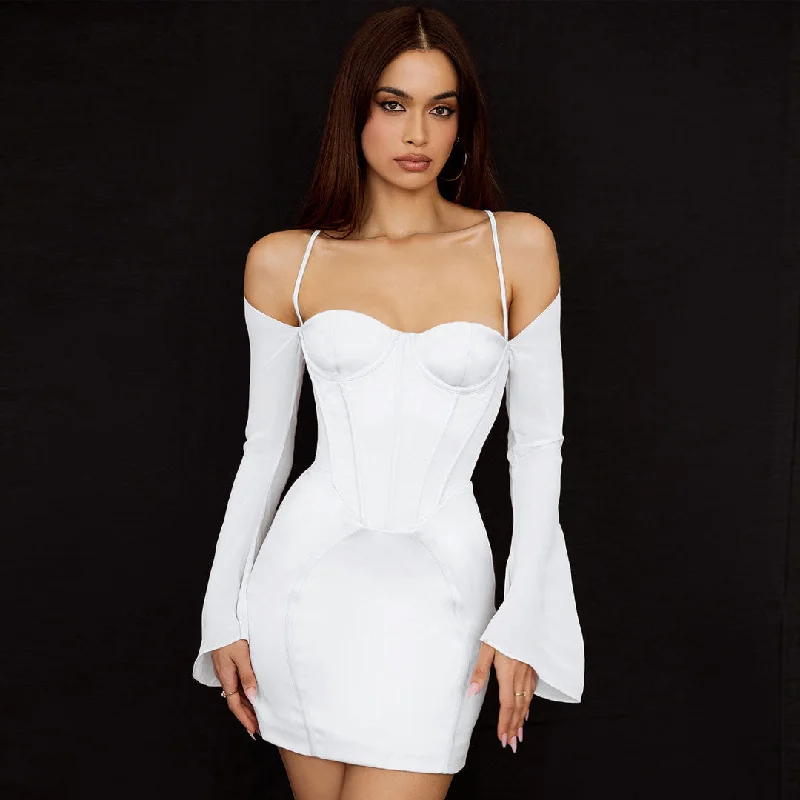 BerryBetty - Silky Satin Long Sleeve Off Shoulder Corset Club Mini Dress - White