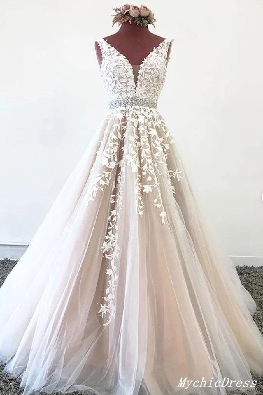 2025 A Line Tulle Lace Prom Dresses Champagne Evening Dress Beading Belt