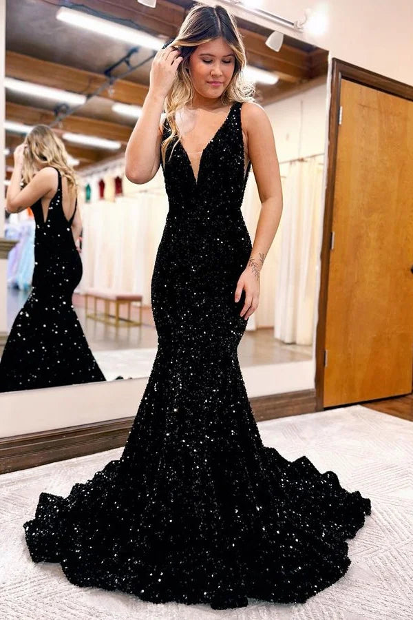 Black 2025 V Neck Prom Dresses Sequins Long UK Evening Dress Mermaid