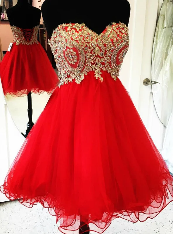 Cheap Red Homecoming Dresses Gold Applique Party Sweet 16 Dress