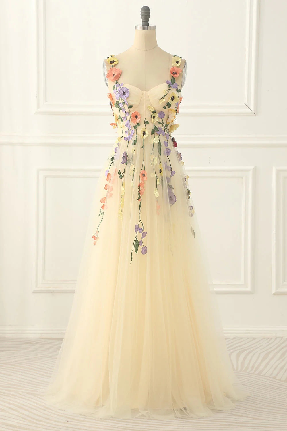 Classy Long Yellow Floral Prom Dresses Sweetheart Evening Dress