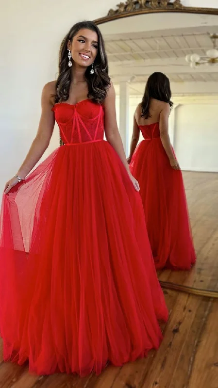 Floor length Red Long Prom Dresses Lace Tulle Strapless Evening Dress UK