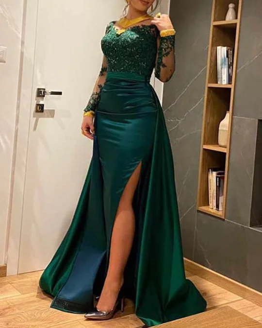 2025 Green Lace Prom Dresses Satin Mermaid V-neck Evening Dresses with Sleeves