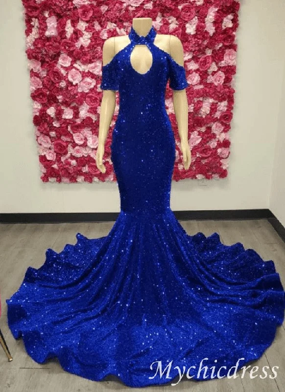 2025 Halter Royal Blue Long Prom Dresses Sequin Mermaid Evening Gown