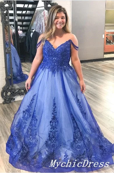 Hot Off the Shoulder Lace Blue Prom Dresses 2025 Plus Size Evening Dress