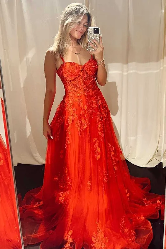 2025 Lace Red Formal Dress Corset Long Straps Evening Dress Appliques