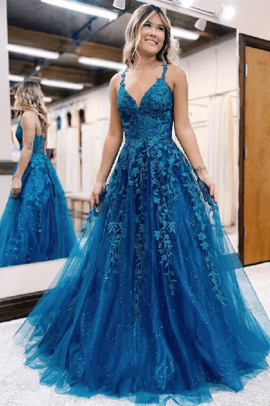 2025 Long Blue Lace Prom Dresses V Neck Formal Evening Dresses Open Back