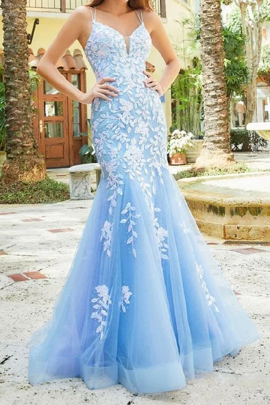 Long Mermaid Blue Evening Gowns Lace Prom Dresses 2025 UK