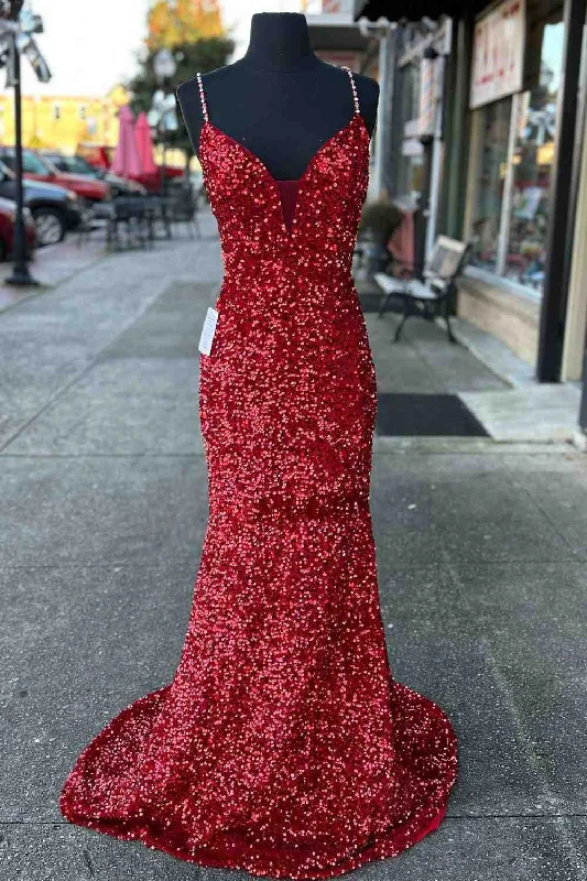 2025 Long Prom Dresses Red Sequins Beaded Mermaid Evening Dress Straps