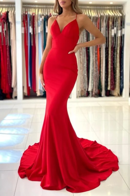 Long Red Prom Dresses Mermaid V-Neck Evening Dress Spaghetti Strap