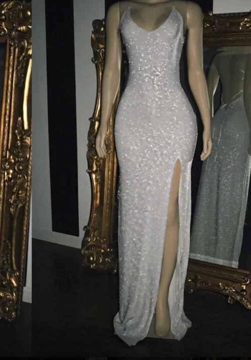 Long White Sequin Prom Dresses 2025 Cross Back Halter Evening Gown