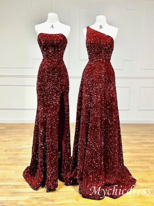 Mermaid Burgundy Formal Dresses Sparkly Long Party Dress